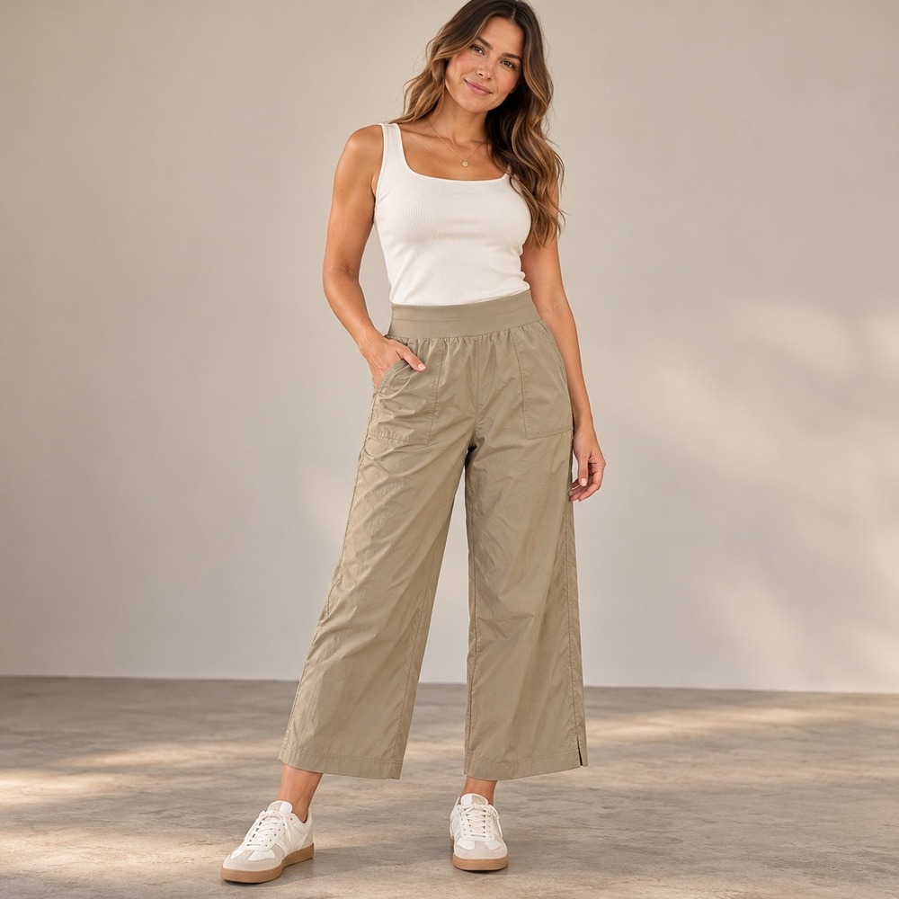 T by Talbots Womens Tan Wide Leg Cropped Stretch Pants Size M JO5375